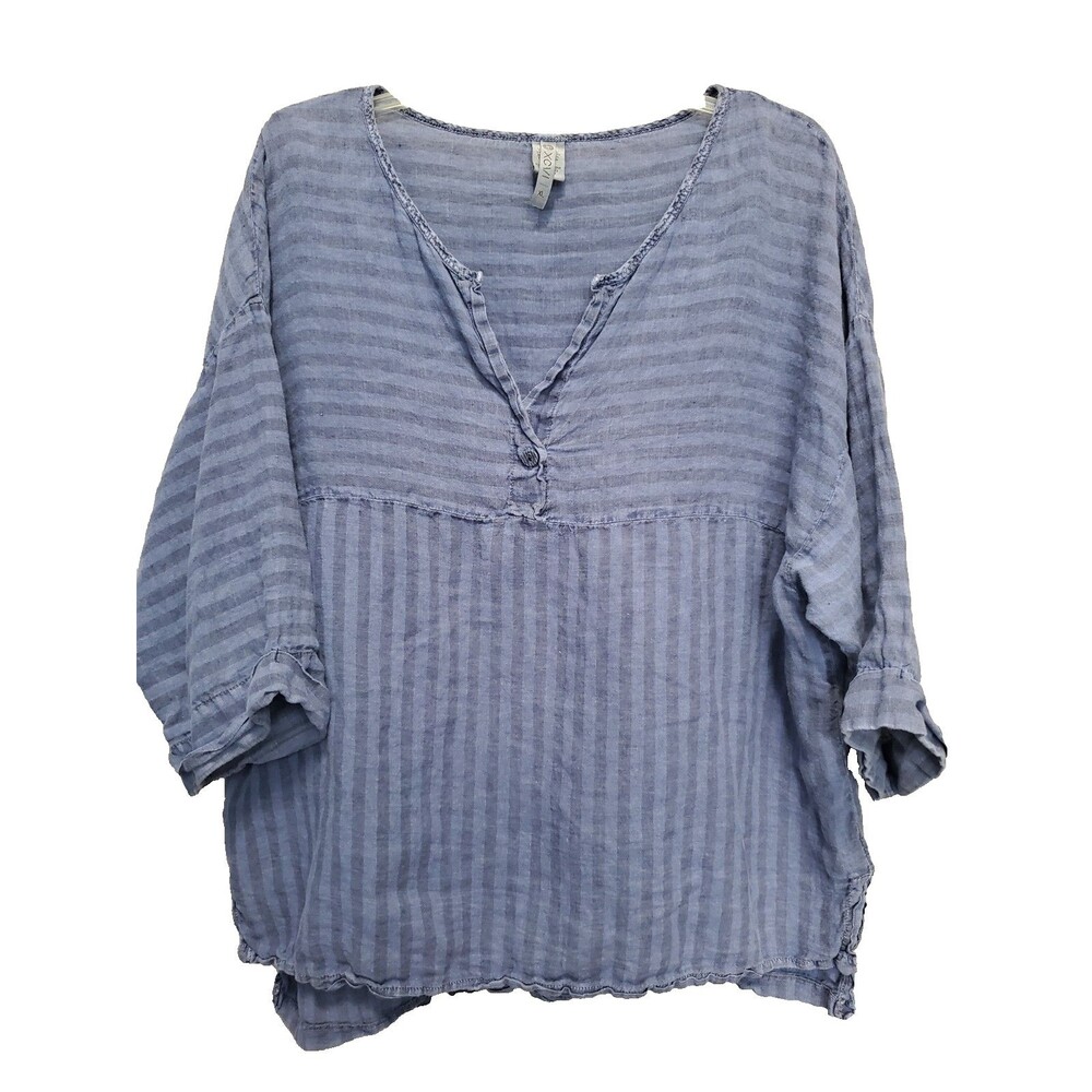 XCVI Linen Blue Striped Drop Shoulder Lagenlook Tunic Size XL Beachy Coastal